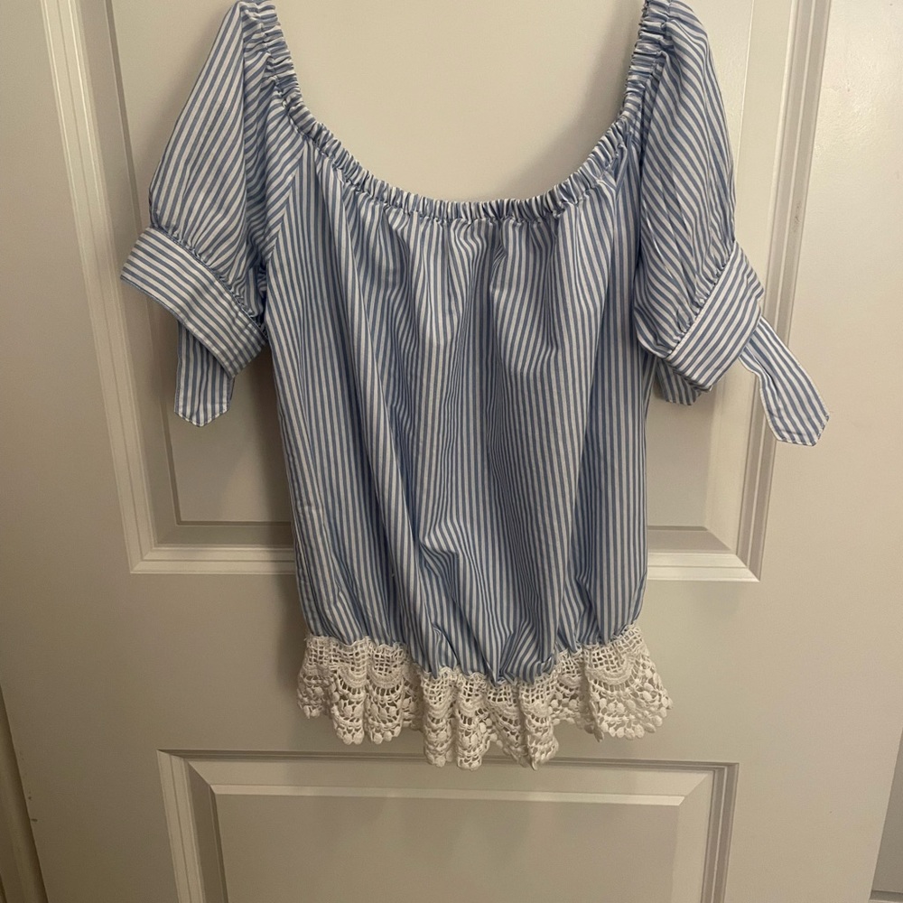 Blue and white striped off the shoulder top
